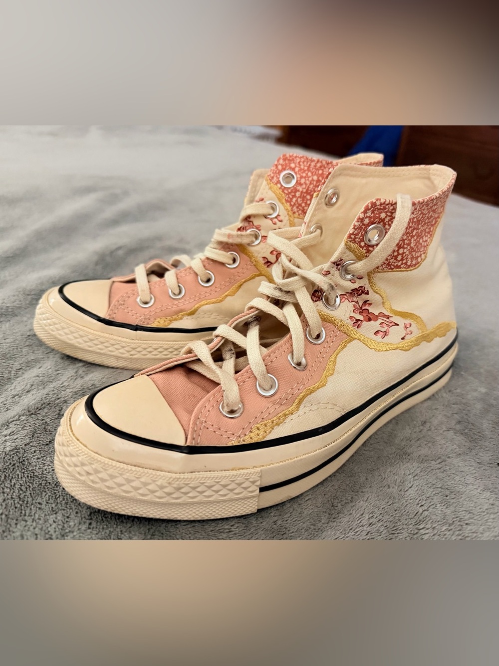 Women’s High-Top Canvas Sneakers in Peach and Cream with Embroidered Detail